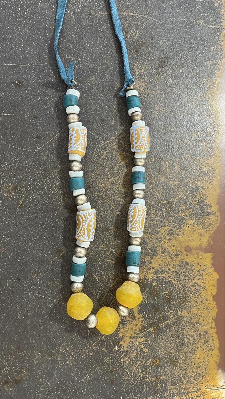 Blue &amp; Yellow Beaded Necklace Blue Leather Strap