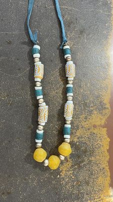 Blue &amp; Yellow Beaded Necklace Blue Leather Strap