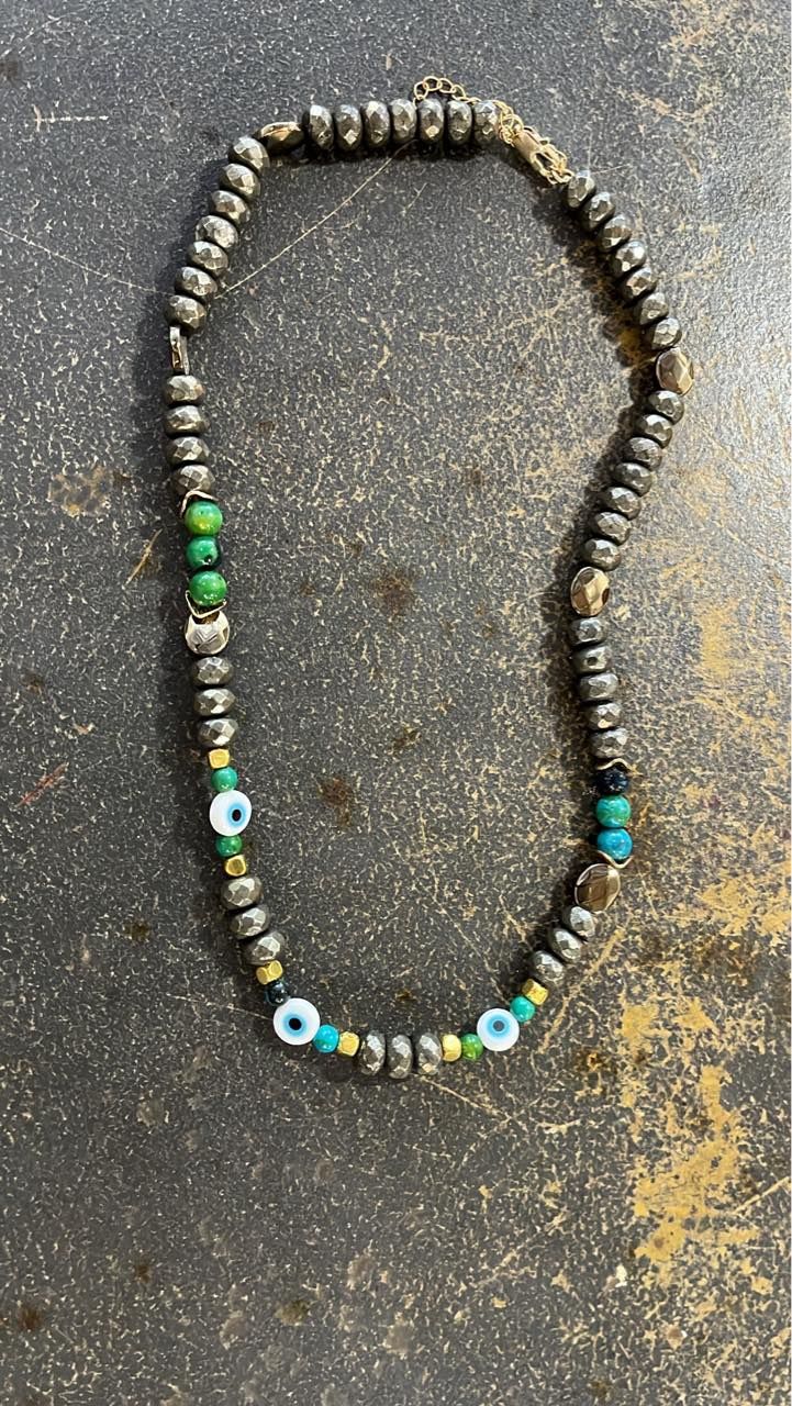 Dark Beaded Necklace w. Multi Evil Eyes