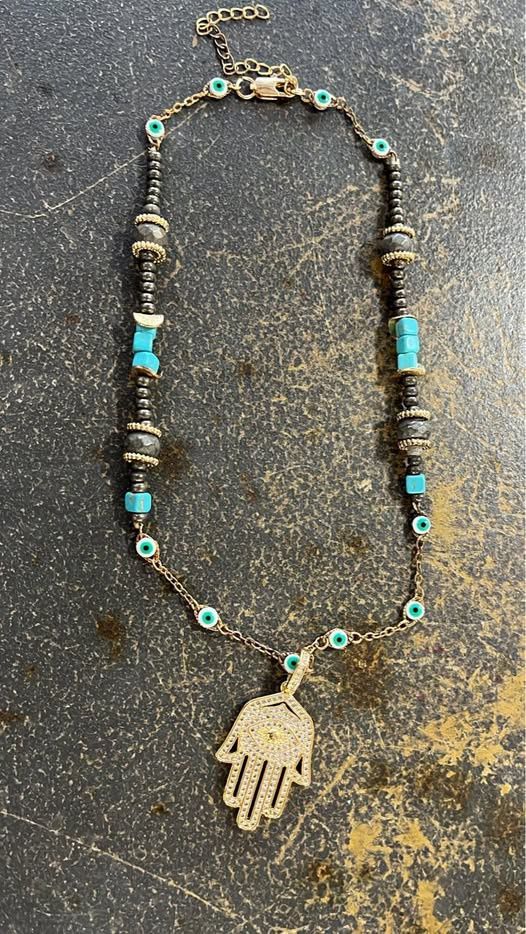 Black &amp; Turquoise Beaded All Seeing Palm w. Evil Eye Necklace