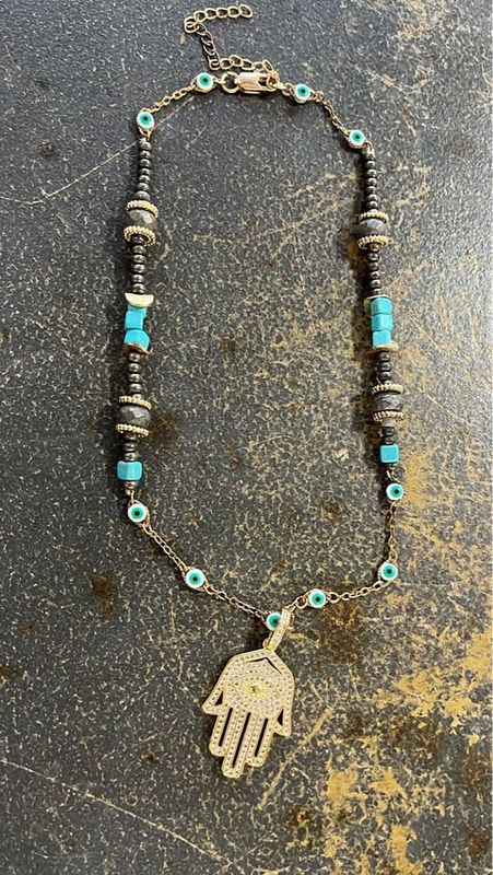 Black &amp; Turquoise Beaded All Seeing Palm w. Evil Eye Necklace