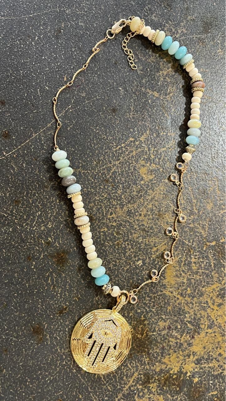Stone Beaded &amp; Thin Gold Chain w. Crystal and All Seeing Palm Charm