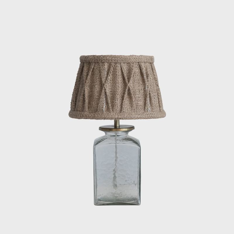 Glass &amp; Metal Table Lamp w/ Pintucked Jute Shade &amp; Inline Switch, Antique Bronze Finish