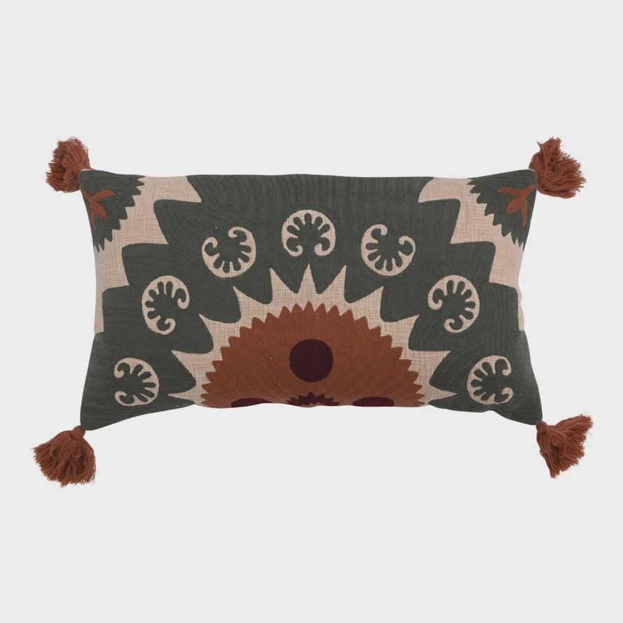 Cotton Lumbar Pillow W. Suzani Embroidered &amp; Tassels