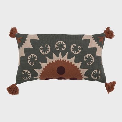 Cotton Lumbar Pillow W. Suzani Embroidered &amp; Tassels