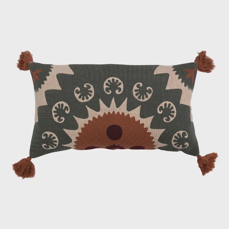 Cotton Lumbar Pillow W. Suzani Embroidered &amp; Tassels