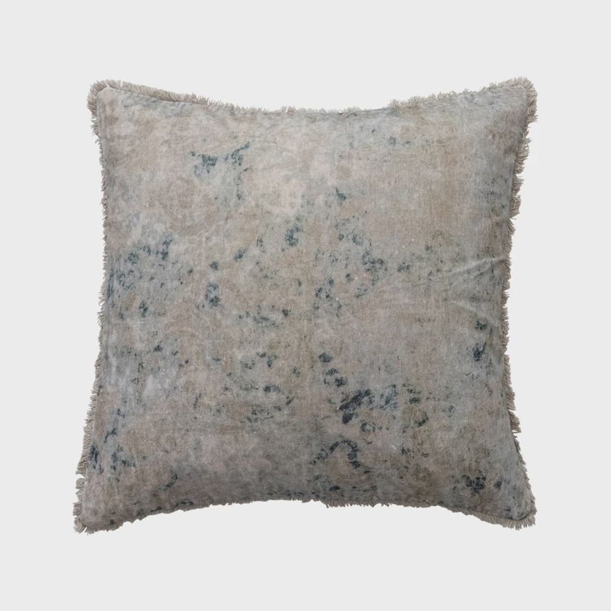 Square Cotton Velvet Printed Pillow with Design &amp; Fringe