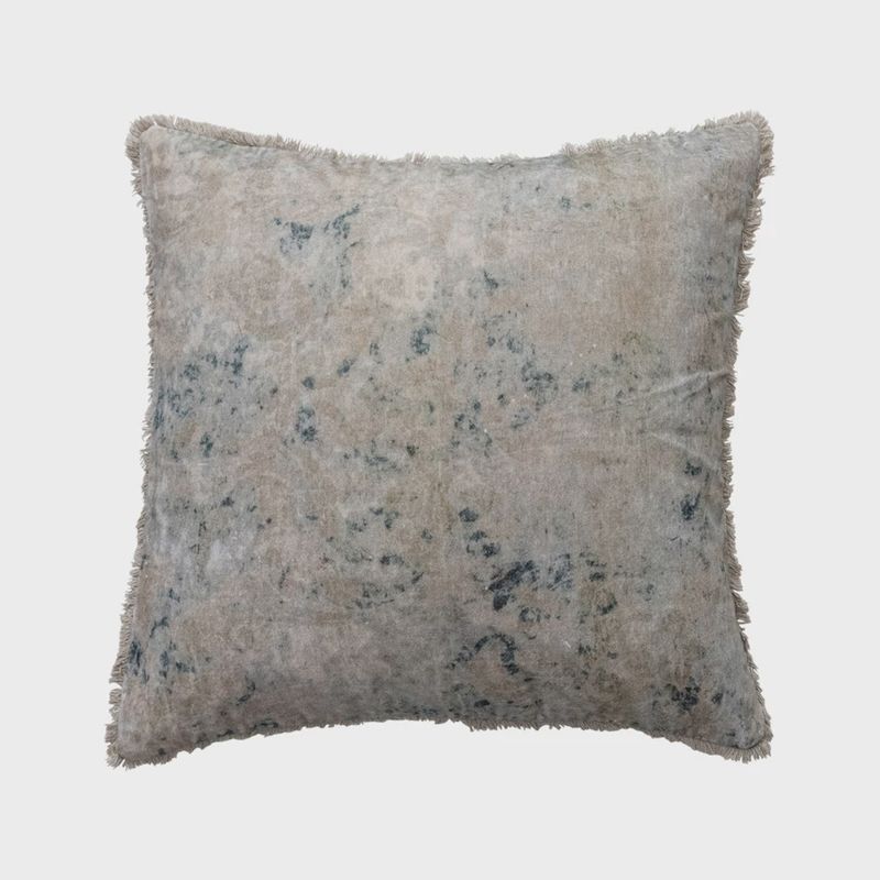 Square Cotton Velvet Printed Pillow with Design &amp; Fringe