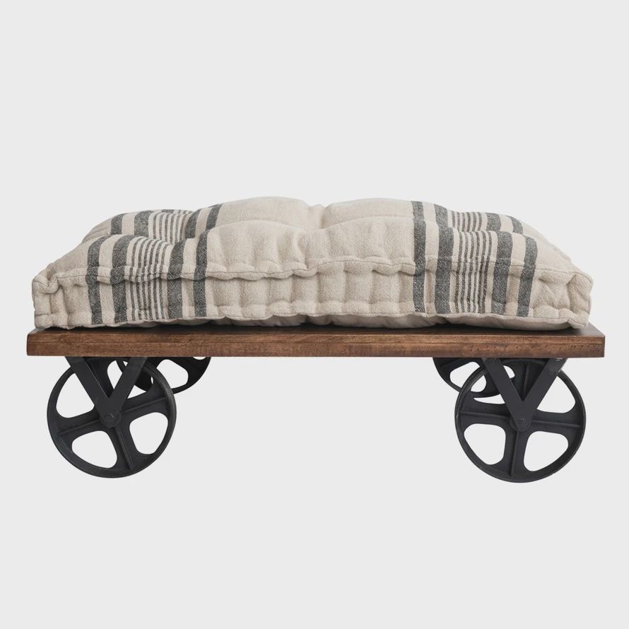 Mango Wood &amp; Metal Ottoman w. Cushion &amp; Table w. Casters