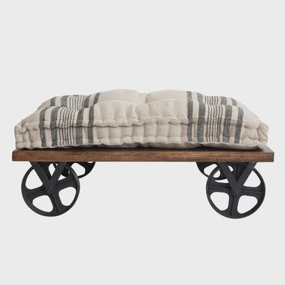 Mango Wood &amp; Metal Ottoman w. Cushion &amp; Table w. Casters