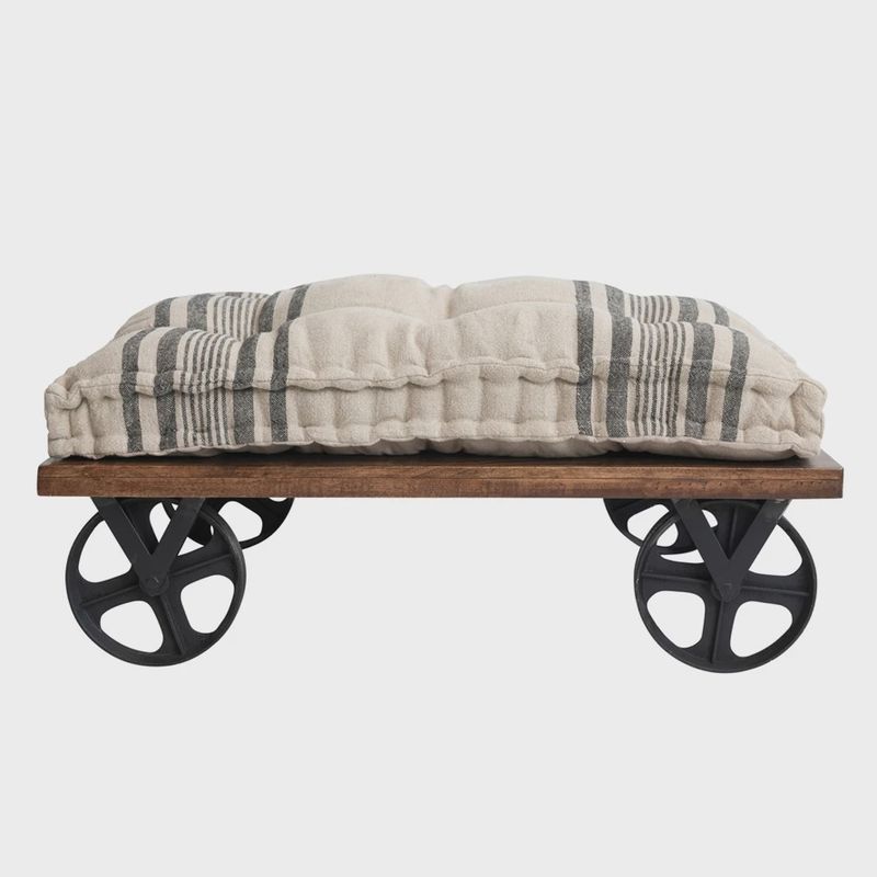 Mango Wood &amp; Metal Ottoman w. Cushion &amp; Table w. Casters