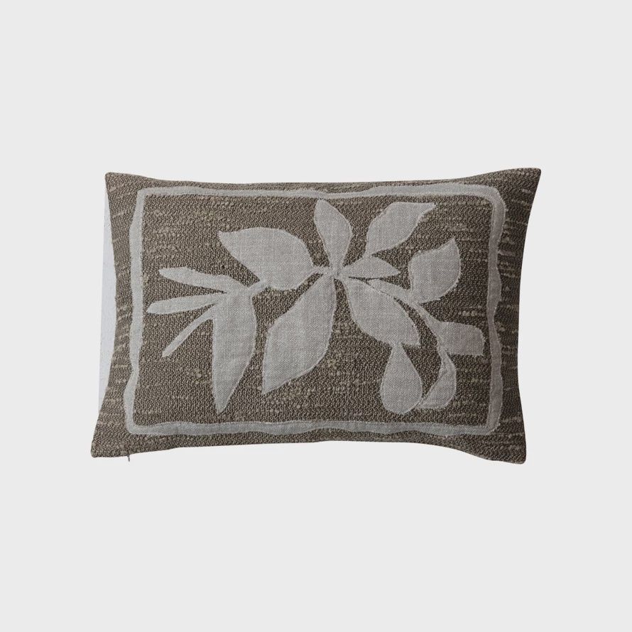 Beige Woven Fabric Indoor/Outdoor Lumbar Pillow w/ Appliqued Botanicals