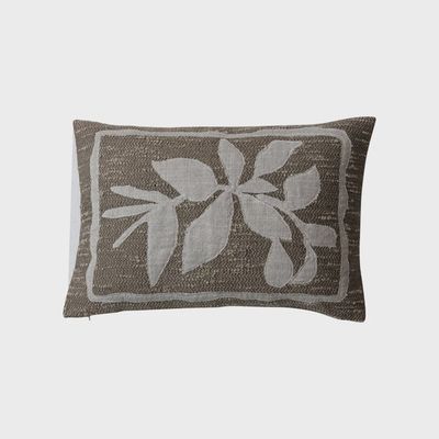 Beige Woven Fabric Indoor/Outdoor Lumbar Pillow w/ Appliqued Botanicals