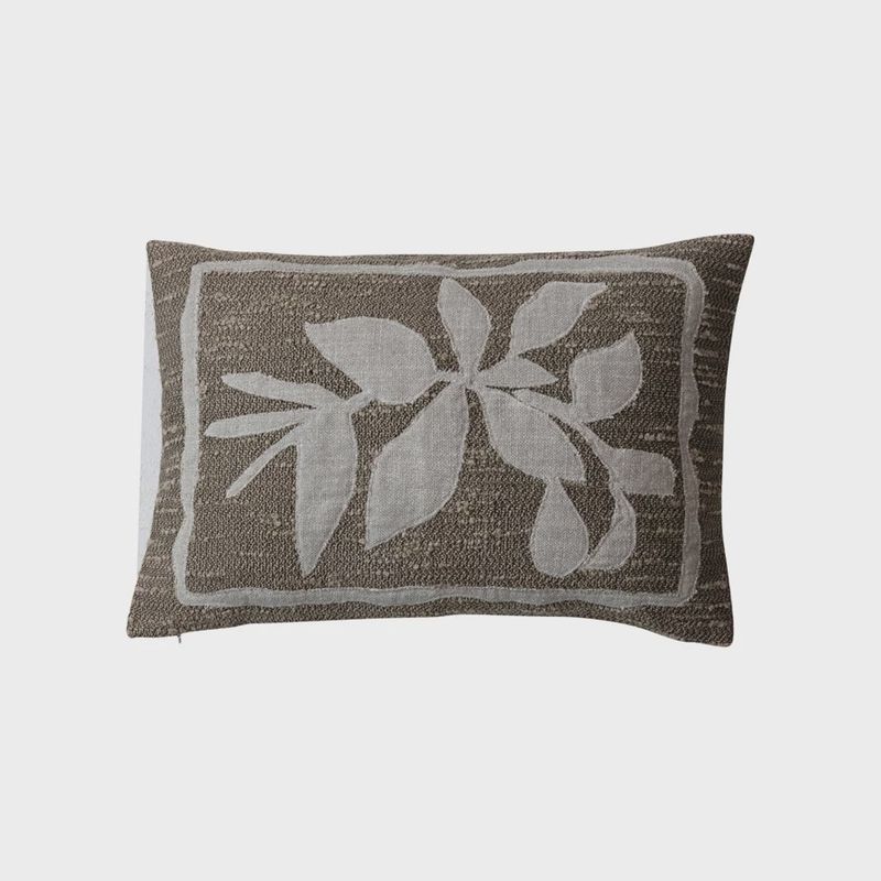 Beige Woven Fabric Indoor/Outdoor Lumbar Pillow w/ Appliqued Botanicals