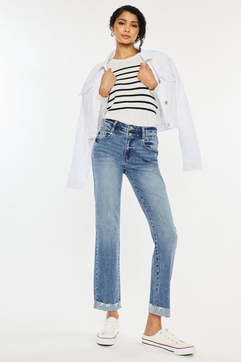 High Rise Slim Straight Jeans-Medium Wash
