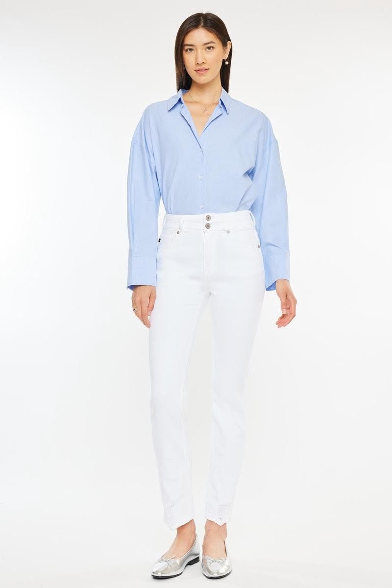 White High Rise Straight Leg Double Button Jeans