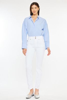 White High Rise Straight Leg Double Button Jeans
