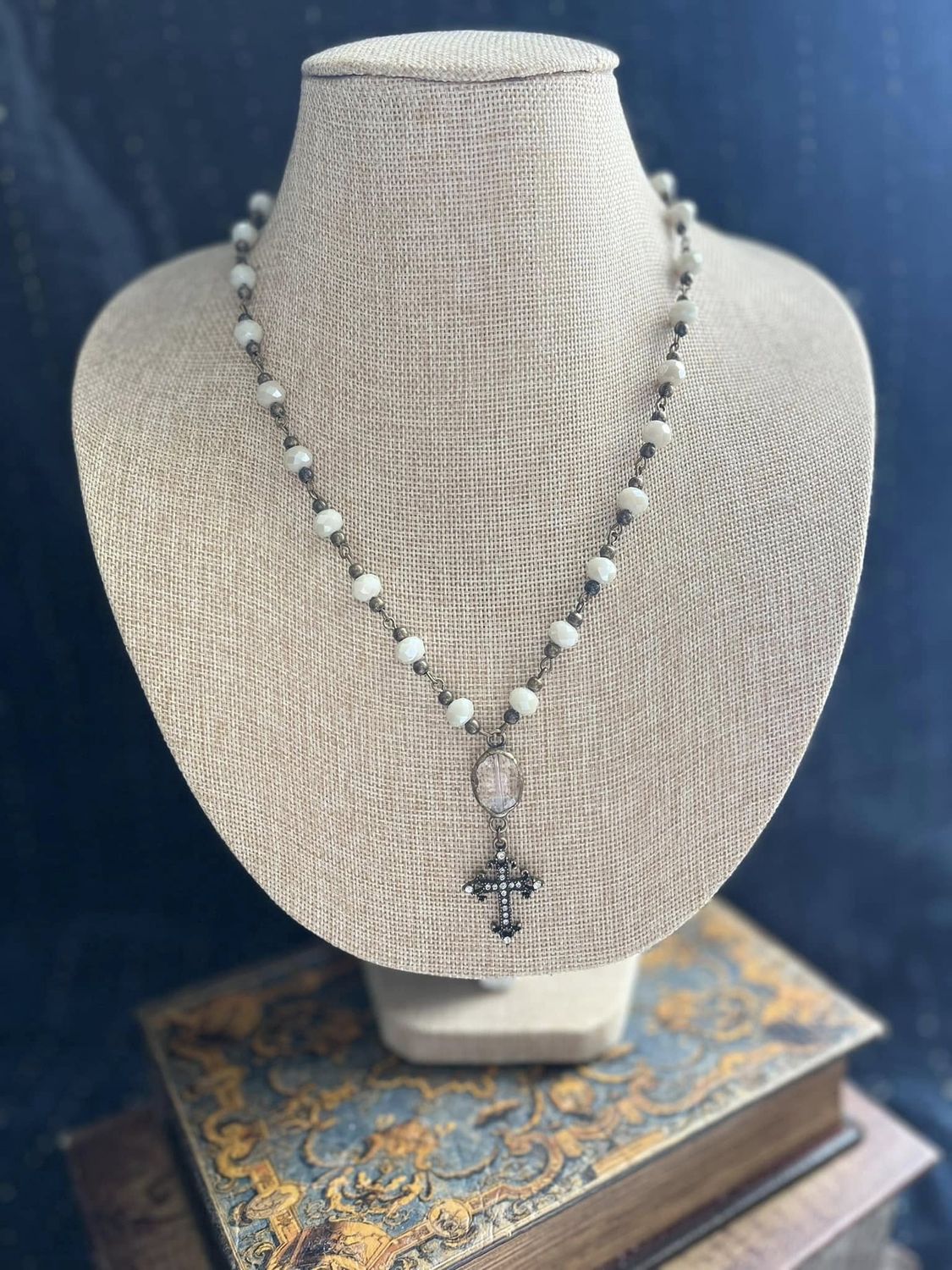 Ivory Double Pendant Crystal Cross Necklace