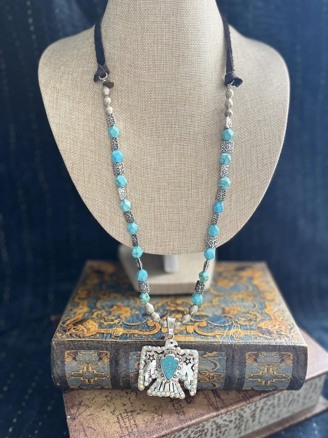 Silver Thunderbird Turquoise Beaded Leather Strap Necklace