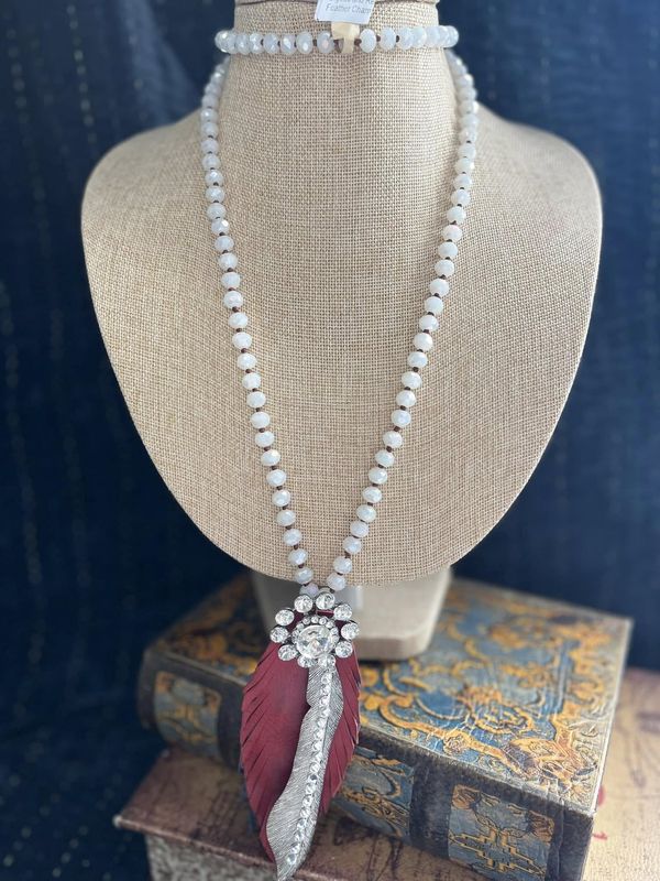 White Crystal Beaded Necklace w. Crystal and Red Leather, Metal Feather Charms