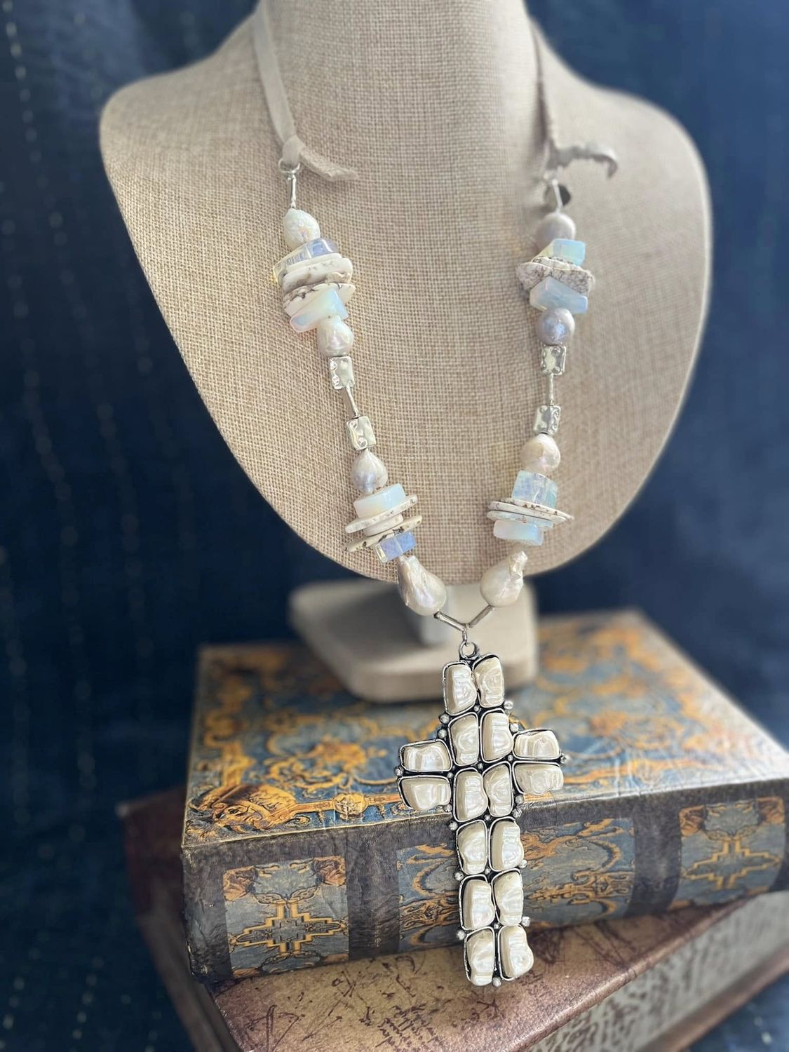 A Rare Bird Silver Stone &amp; Pearl Cross Necklace