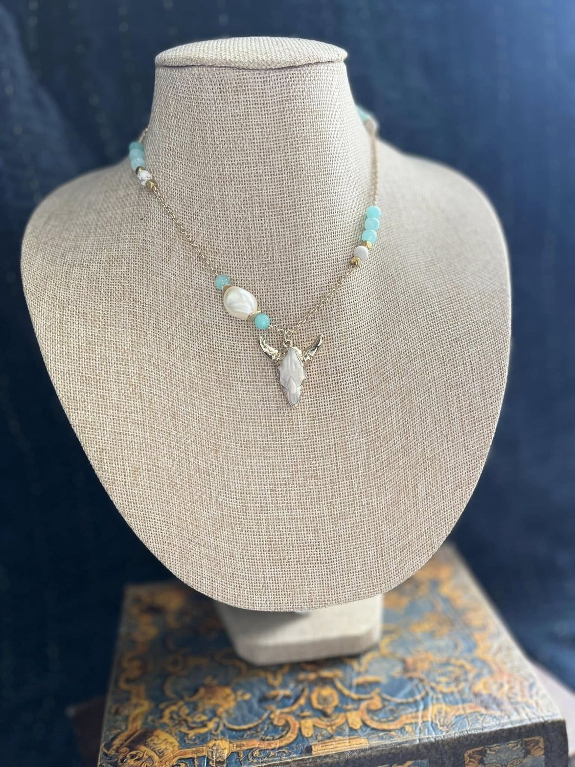Light Blue &amp; White Beaded Bull Head Necklaces