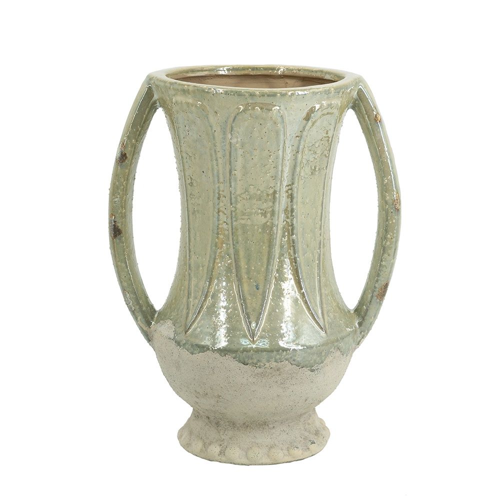 Beige Ceramic Vase w. Handles and Glaze Finish