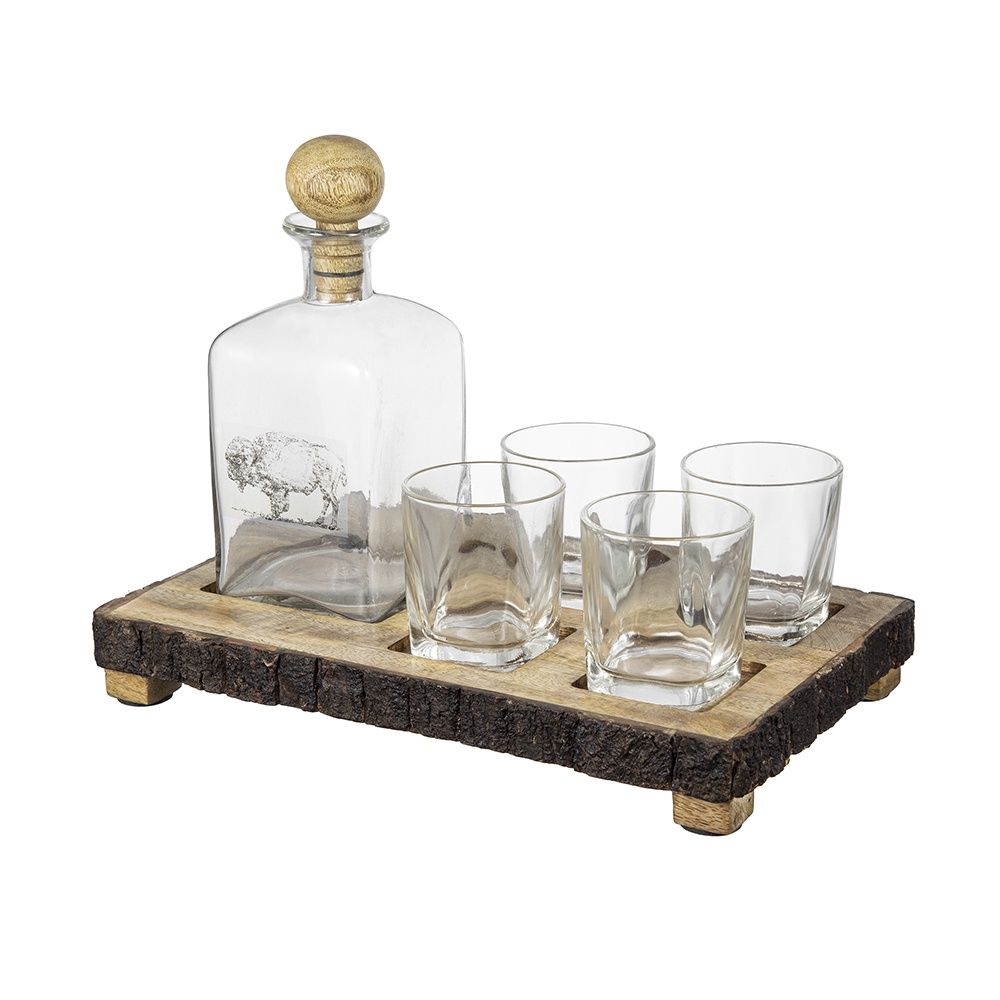 Alaine Bar Set- Mango Wood Tray, Decanter &amp; 4 Cups