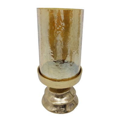 5.5x12.8&quot; Amber Glass Pillar Candle Holder w. Gold Metal Base