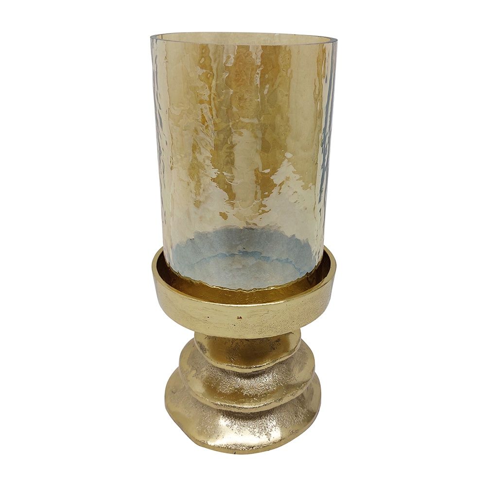 5x9&quot; Amber Glass Pillar Candle Holder with Gold Metal Base