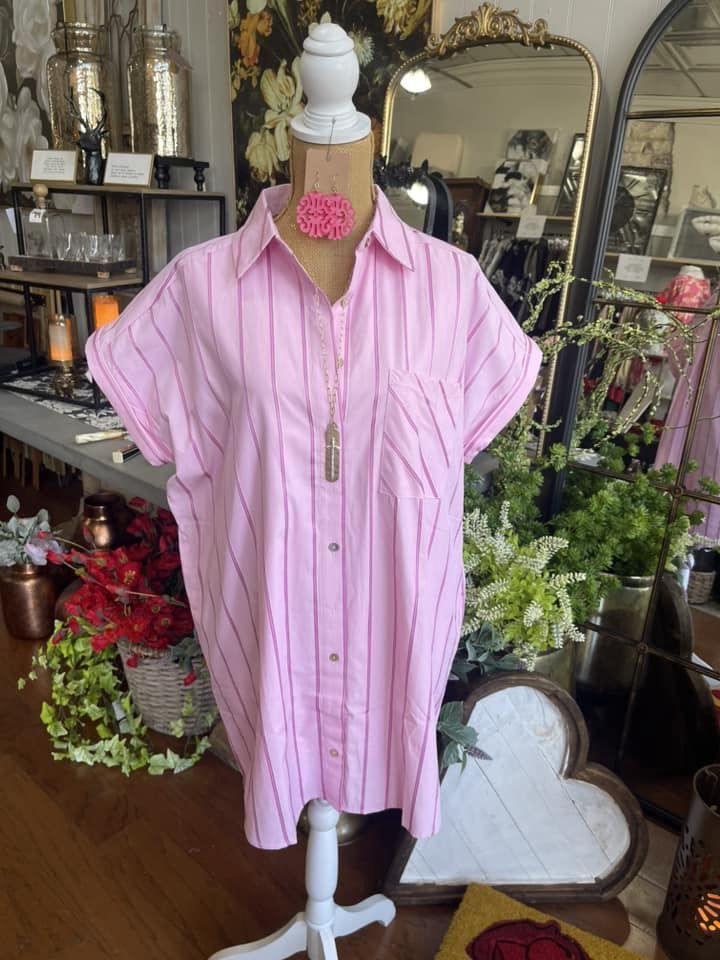 Pink Stripe Collared Button Down Dress