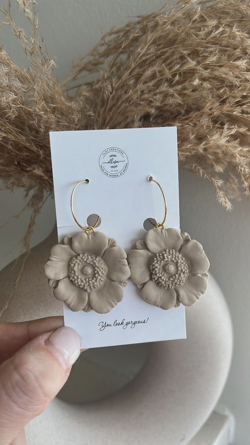 Clay Poppy Hoop Earrings, Colour: Tan