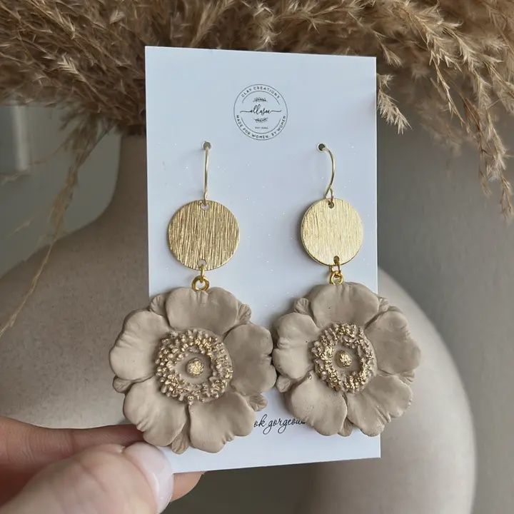 Clay Poppy Dangle Earrings, Colour: Tan