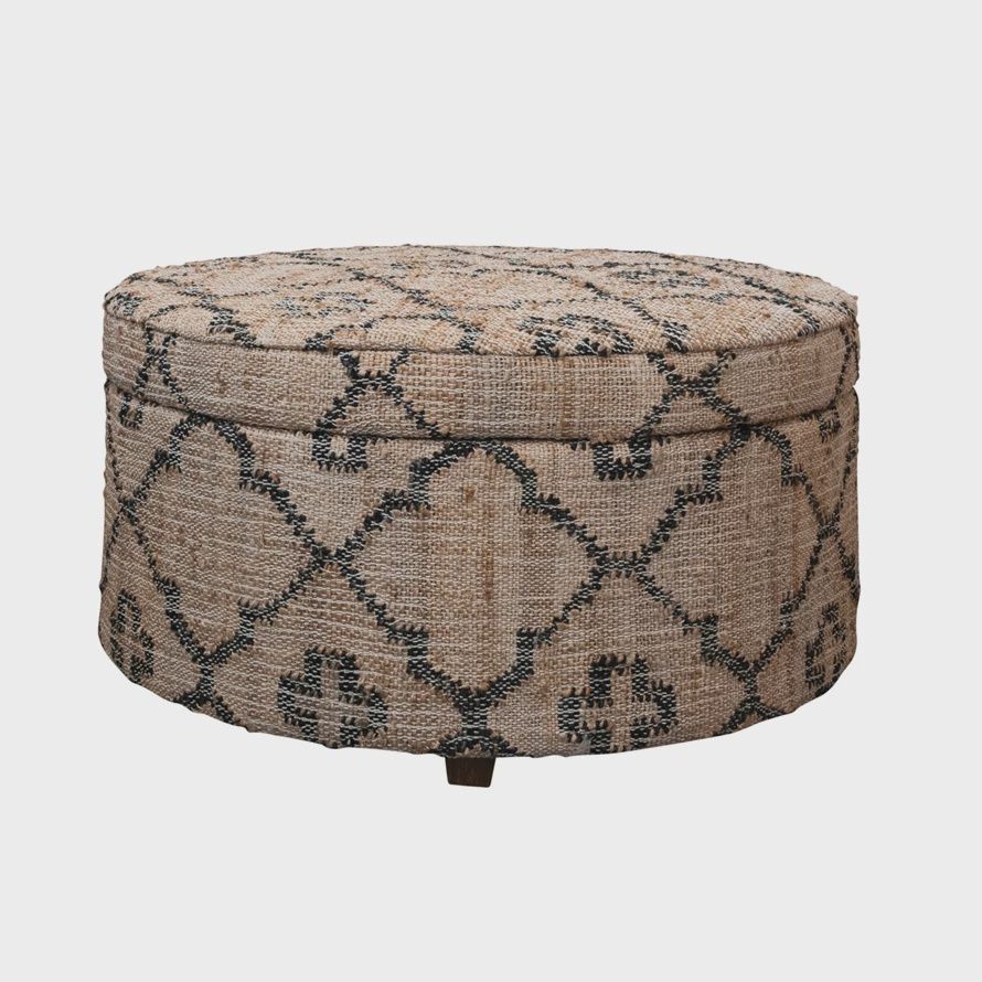 36&quot; Round Jute Kilim Upholstered Ottoman w. Storage &amp; Mango Wood Legs