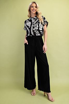 Linen Blend Frayed Cropped Wide Leg Pants
