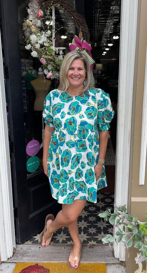 Blue Poppy Puff Sleeve Dress