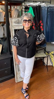 Embroidered Puff Sleeve Blouse w. Tassel Neck Tie