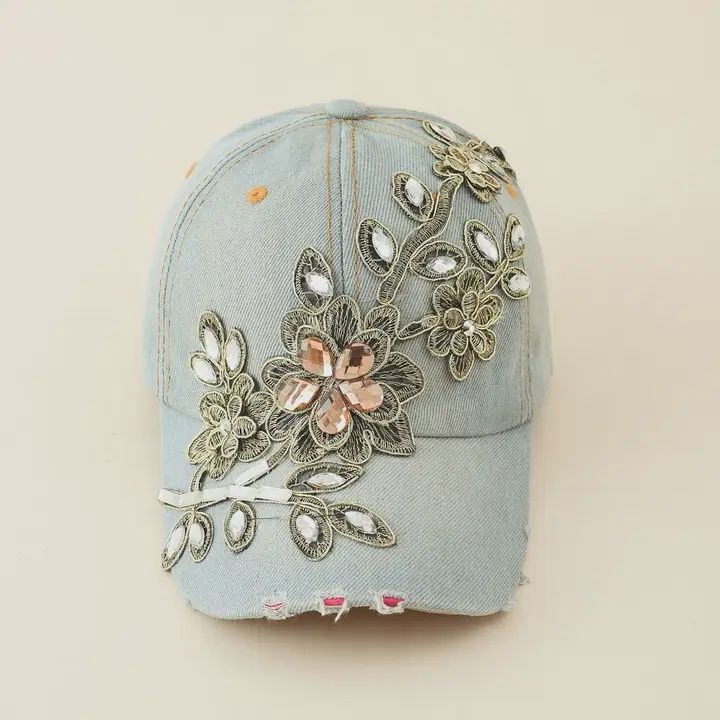 Diamond Embellished Distressed Denim Baseball Cap
