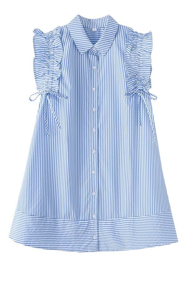 Blue Striped Ruffle Sleeve Shirt Dress