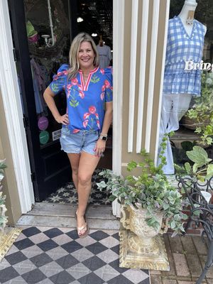 Cobalt Rose V-Neck Blouse