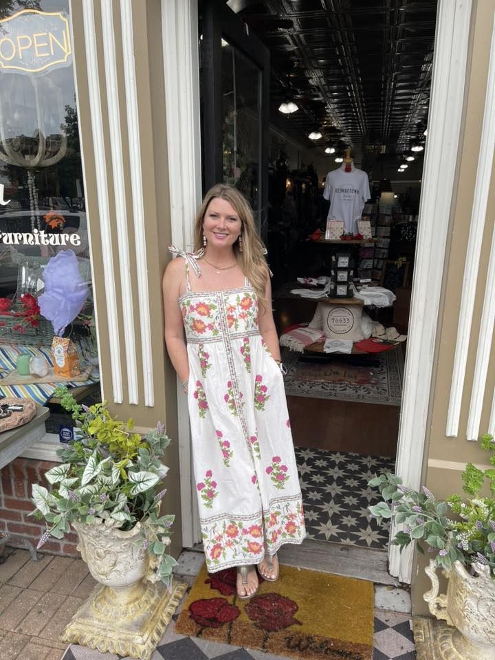 Cream Tie Strap Floral Midi Dress