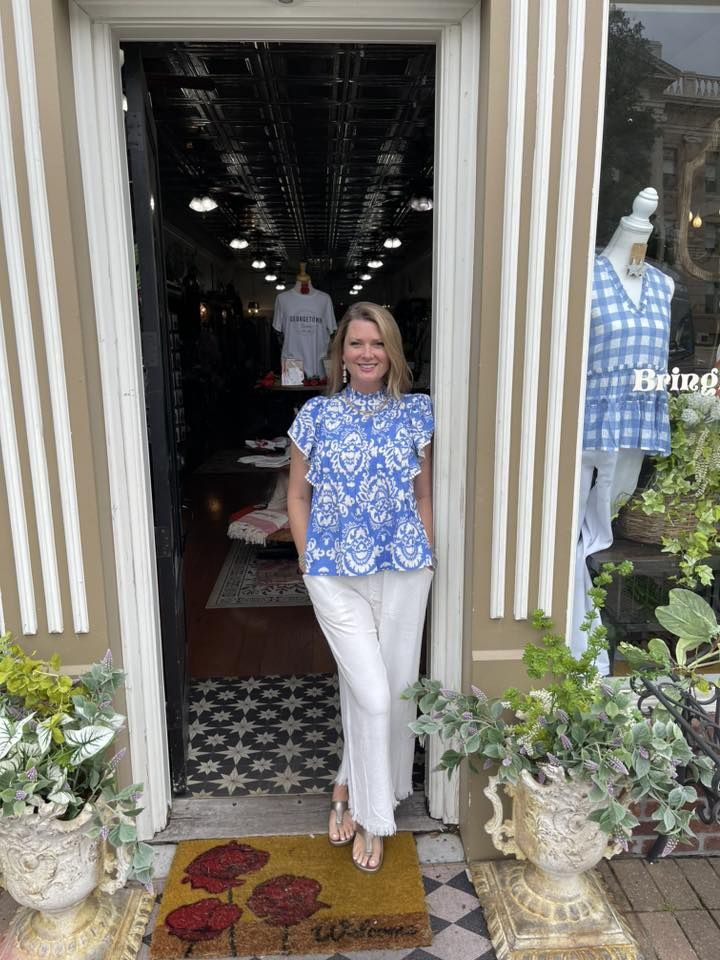 Blue Pleated Flutter Sleeve Blouse