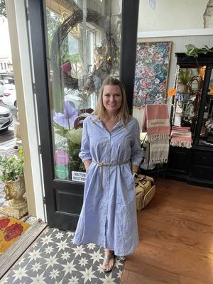 Blue Embroidered Belted Midi Dress