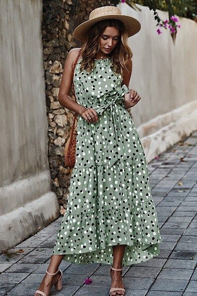Polka Dot Halter Dress, Colour: Green, Size: Small