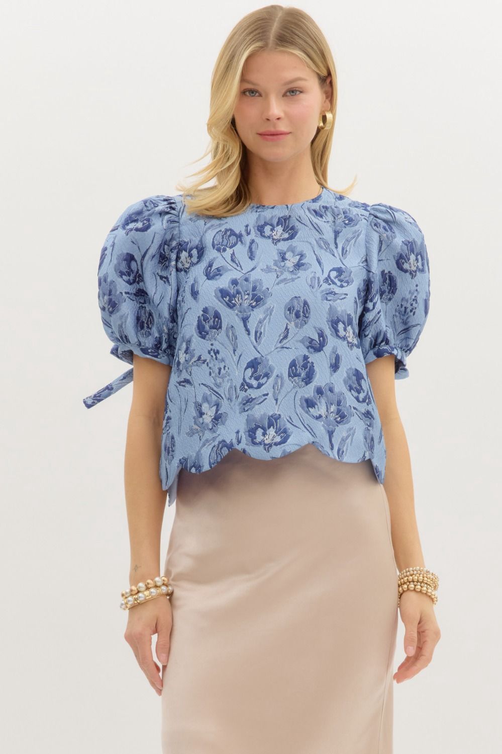 Floral Jacquard Scalloped Blouse