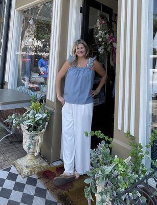 Steel Blue Embroidered Ruffle Sleeve Tank Top