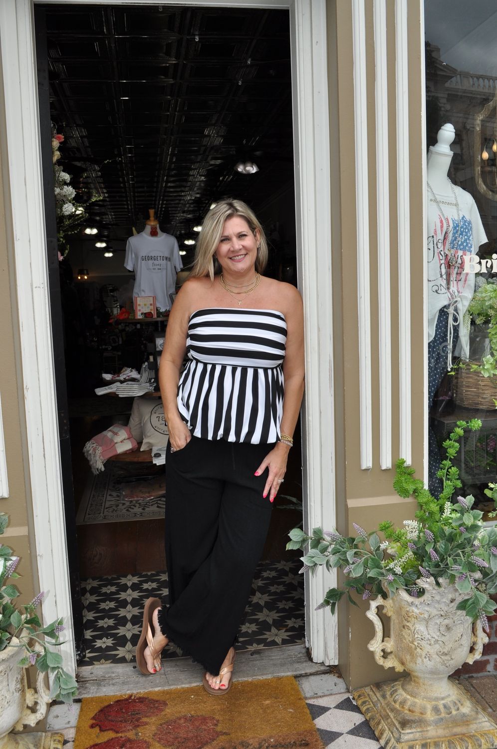 B&amp;W Striped Strapless Peplum Top