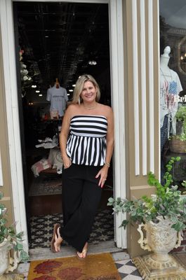 B&amp;W Striped Strapless Peplum Top