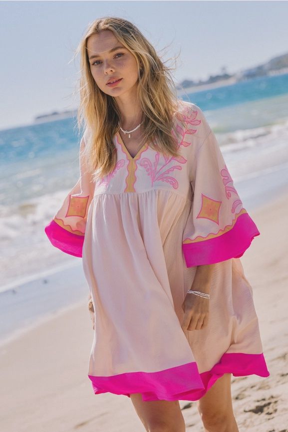 Embroidered Plunge V-Neck Mini Dress, Size: Small, Colour: Hot Pink