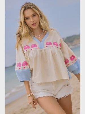 Embroidered 3/4 Sleeve Blouse